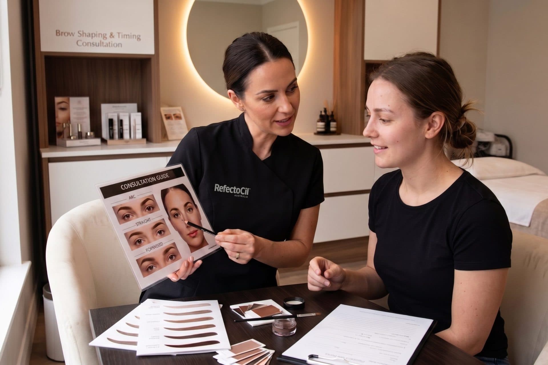 Beauty technician consulting client about natural brow shaping and tint selection
