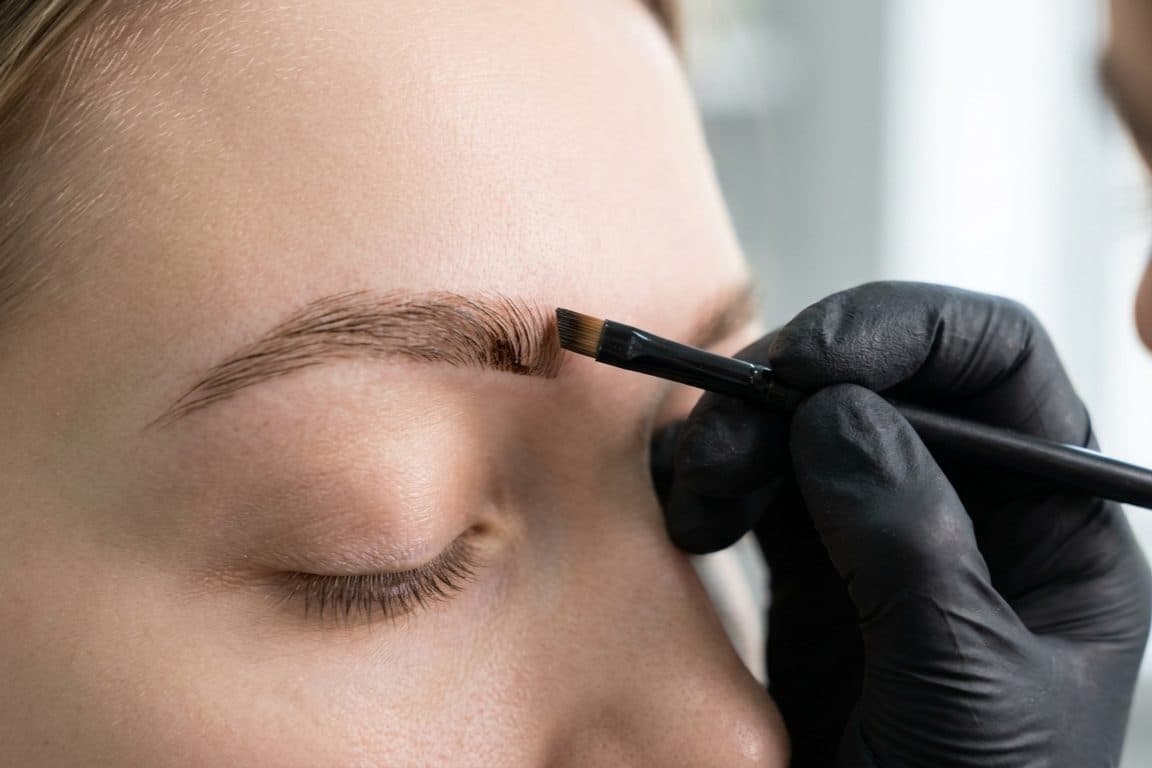 Professional applying soft brow tint with precise angled brush technique