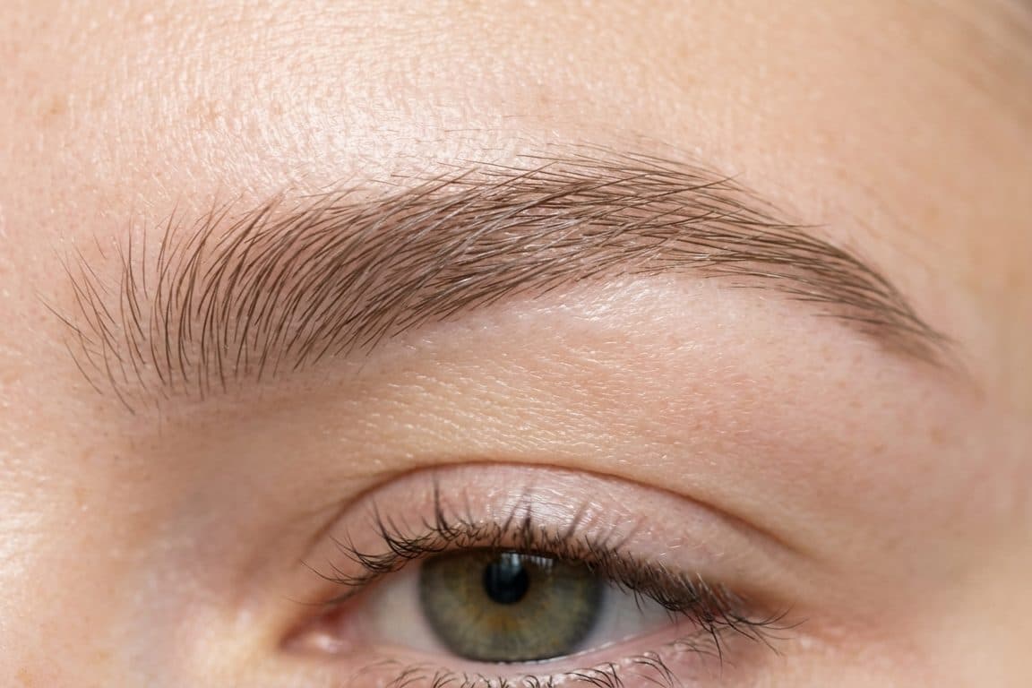 Close-up of soft sculpted brows with natural shape and soft brow tint definition