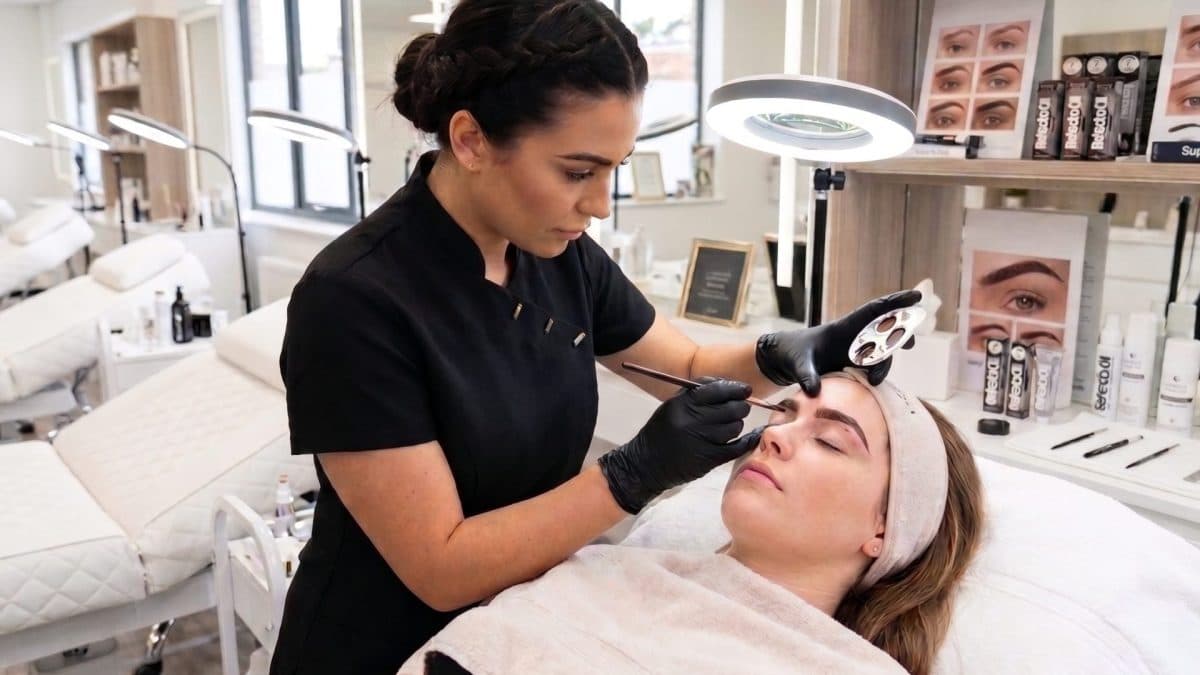 Professional beauty therapist performing soft sculpted brow treatment in salon