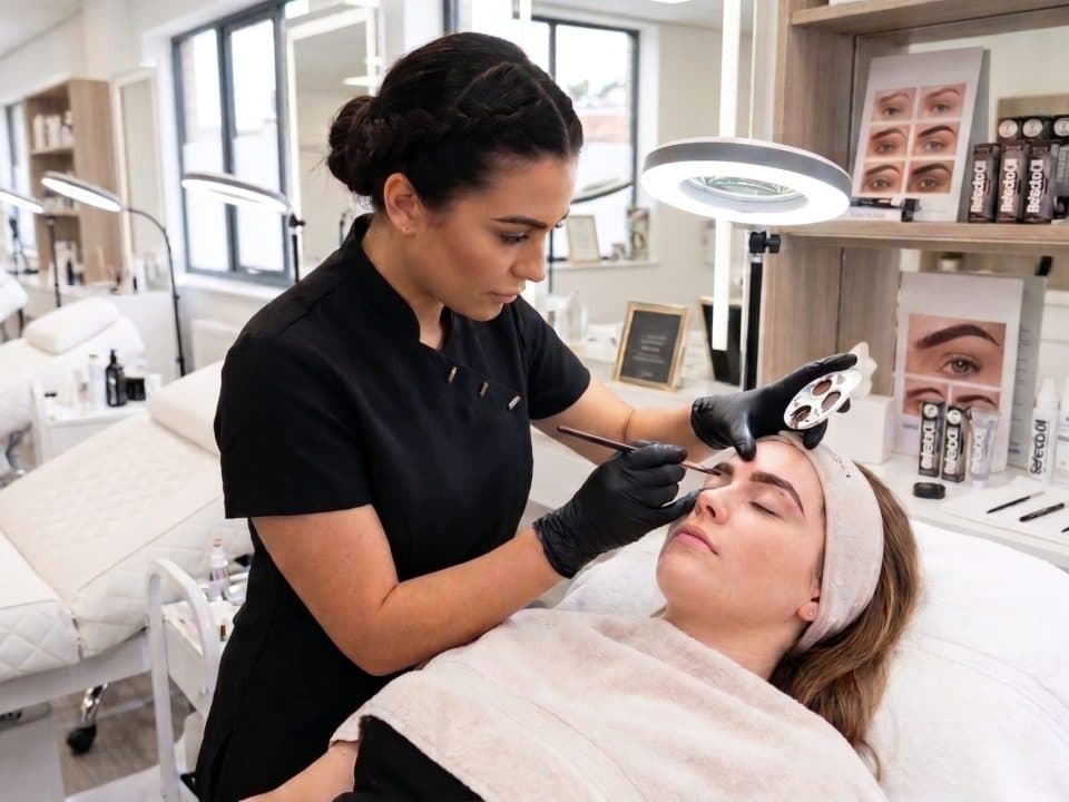Professional beauty therapist performing soft sculpted brow treatment in salon