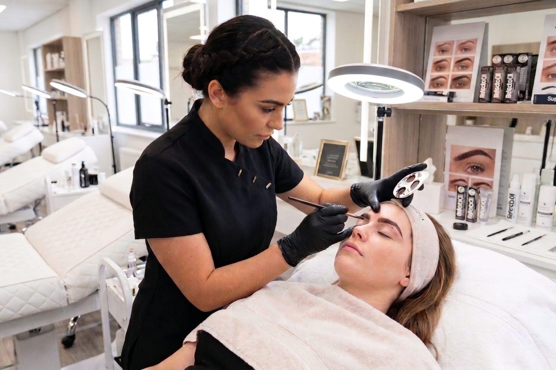Professional beauty therapist performing soft sculpted brow treatment in salon